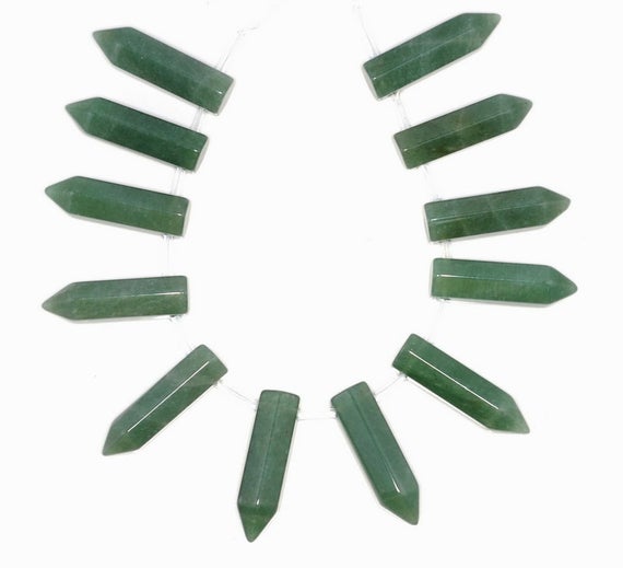 31x8mm Green Aventurine Gemstone Point Healing Chakra Hexagonal Point Focal Bead Full Strand 12 Beads (90183767a-368)