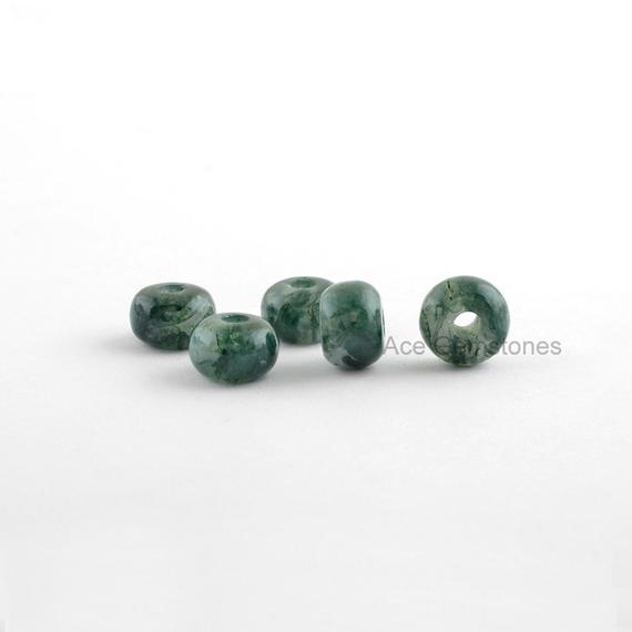 Big Hole Beads, Moss Agate Smooth Gemstone Rondelle European Style Large Hole Beads For Necklace And Bracelet - 5 Pcs.
