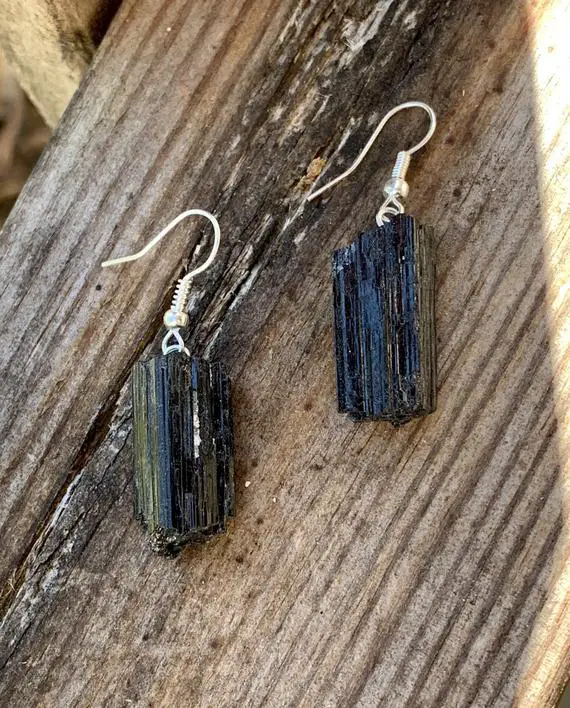 Black Tourmaline Crystal Earrings, Tourmaline Gemstone Dangle Earrings