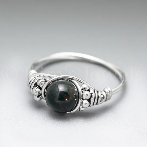 Bloodstone Heliotrope Bali Sterling Silver Wire Wrapped Gemstone Bead Ring - Made To Order, Ships Fast!