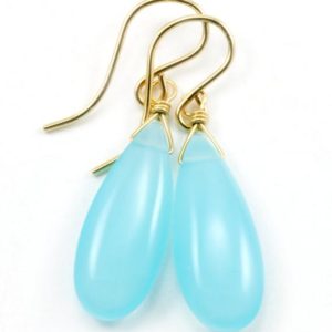 Shop Blue Chalcedony Earrings! Light Blue Chalcedony Earrings Long Teardrop Shaped Smooth cut 14k Solid Gold or Filled Sterling Silver Puffed Pale Soft Blue Natural Drops | Natural genuine Blue Chalcedony earrings. Buy crystal jewelry, handmade handcrafted artisan jewelry for women.  Unique handmade gift ideas. #jewelry #beadedearrings #beadedjewelry #gift #shopping #handmadejewelry #fashion #style #product #earrings #affiliate #ad
