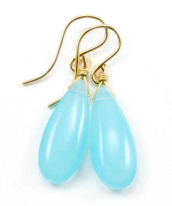 Light Blue Chalcedony Earrings Long Teardrop Shaped Smooth Cut 14k Solid Gold Or Filled Sterling Silver Puffed Pale Soft Blue Natural Drops