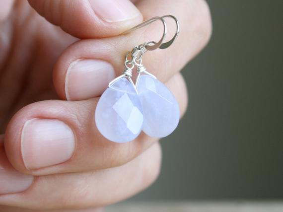 Blue Chalcedony Earrings . Gemstone Teardrop Earrings . Anxiety Earrings In Sterling Silver