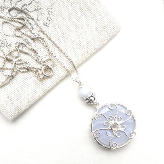 Dainty Blue Lace Agate Gemstone Pendant, Folk Jewellery Gift With Meaning . Lace Anniversary Gift . Whimsigoth Necklace