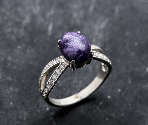 Charoite Ring, Natural Charoite, Solitaire Ring, Vintage Ring, Vintage Silver Ring, Scorpio Birthstone, Purple Ring, Charoite, Silver Ring