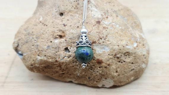 Small Chrysocolla Cone Pendant Necklace. Bali Silver Beads. Crystal Reiki Jewelry Uk. 10mm Stone