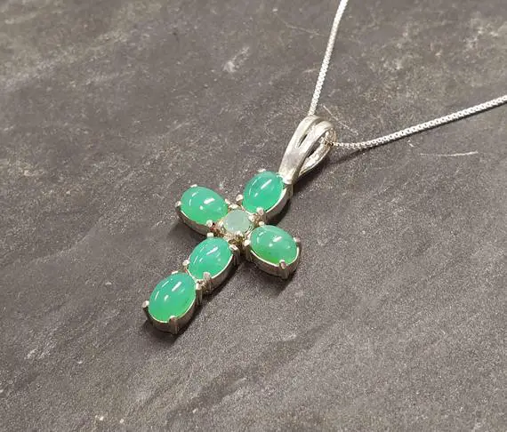 Green Cross Pendant, Natural Chrysoprase Pendant, Spiritual Necklace, Green Cross Pendant, Cross Necklace, Silver Pendant, Adina Stone