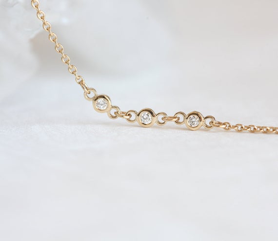 Diamond Anklet In 14k Solid Gold Bracelet With 2mm Bezel Set Diamonds, Dainty Gift For Her