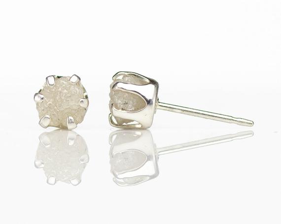 5mm Post Earrings White Rough Diamond Studs On Sterling Silver - White Uncut Raw Diamonds Conflict Free - Ear Studs - April Birthstone