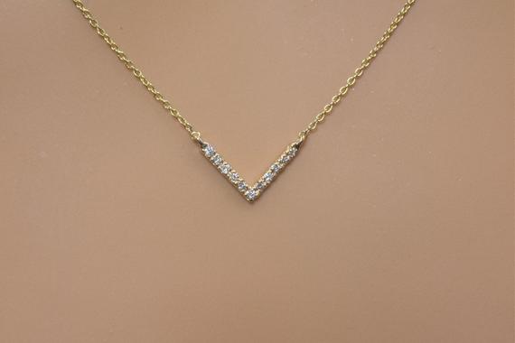 V Shape Necklace In 14kt Gold | Diamond Necklace | Layering Diamond Necklace | Bridesmaid Gift | April Birthstone | Dainty Necklace |