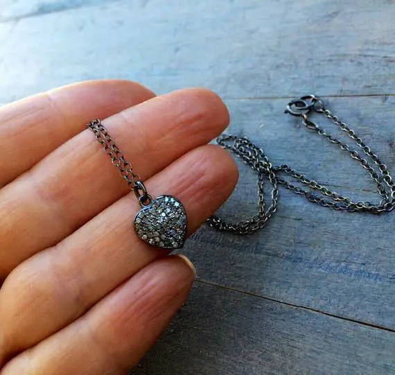 Natural Diamond Heart Pendant, Oxidized Sterling Silver Necklace, Grey Chain, Black Necklace, Gift For Her, Valentine Gift, Modern Jewelry.