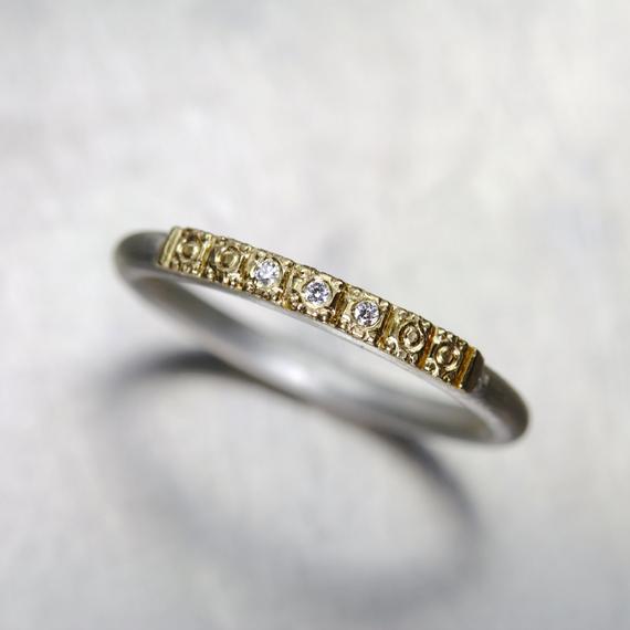Delicate Women's Wedding Band 14k Yellow Gold Beaded Detail Tiny Diamonds Silver Vintage Inspired Boho Bridal Ring 3-7 Sparkle - Golden Path