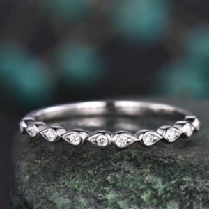 Unique vintage teardrop ring half diamond wedding band 14k white gold ring stacking matching ring anniversary birthday graduation gift | Natural genuine Gemstone rings, simple unique alternative gemstone engagement rings. #rings #jewelry #bridal #wedding #jewelryaccessories #engagementrings #weddingideas #affiliate #ad