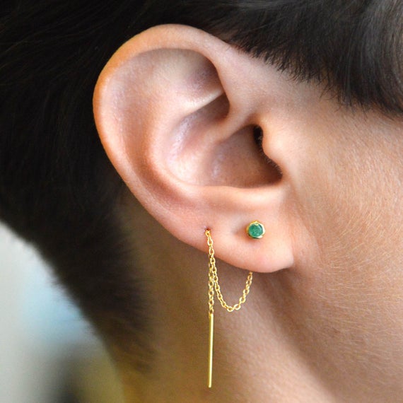 Gold Emerald Threader-gold Bar Earrings-chain Bar Emerald Earrings-threader Earrings-stud Earrings-long Drop Earrings-may Birthstone Earring