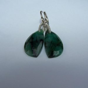 Shop Emerald Earrings! Natural Emerald briolette, sterling silver coil wrap, hook style earwire, earrings | Natural genuine Emerald earrings. Buy crystal jewelry, handmade handcrafted artisan jewelry for women.  Unique handmade gift ideas. #jewelry #beadedearrings #beadedjewelry #gift #shopping #handmadejewelry #fashion #style #product #earrings #affiliate #ad