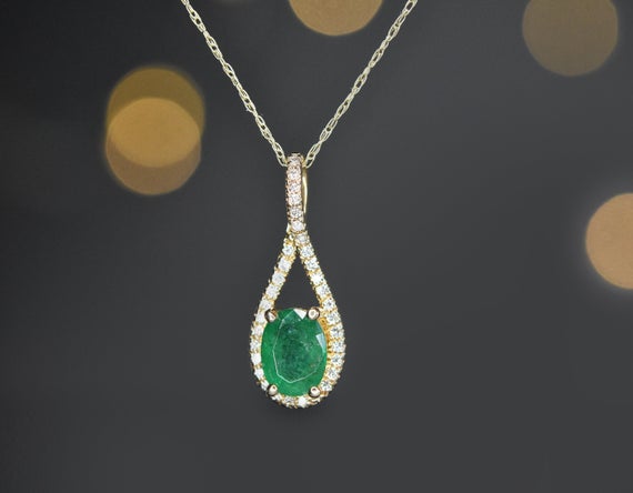 Natural Emerald Diamond Necklace In 14kt Solid Gold, Ready To Ship Gift, Emerald Pendant, Jewelry Gift, Birthstone Necklace, Handmade Gift