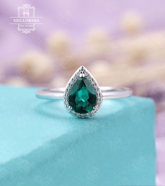 Pear Cut Emerald Engagement Ring Vintage Engagement Ring Art Deco Unique Wedding Ring Diamond Halo Set Bridal Anniversary Promise Ring