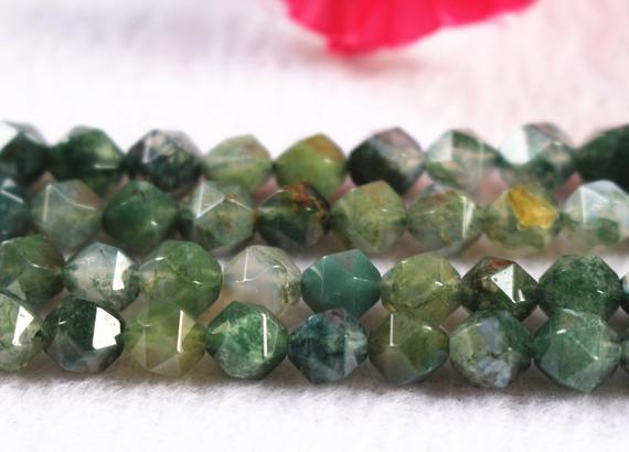 Faceted Nugget Moss Agate Beads,6mm 8mm 10mm Star Cut Faceted Moss Agate Beads,agate Beads Supply.15" Strand