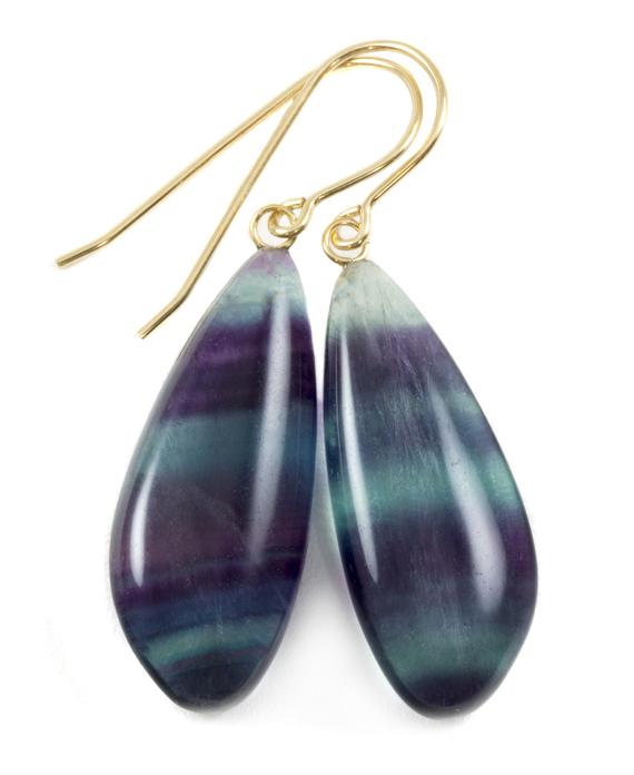 Fluorite Earrings Smooth Teardrop 14k Solid Gold Or Filled Or Sterling Silver Flourite Natural Purple Green Teal Striped Curved Cut Drops