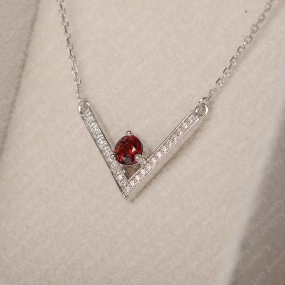 Garnet Pendant, Round Cut, Red Stone Necklaces, Sterling Silver, Anniversary Gift For Women, January Birthstone