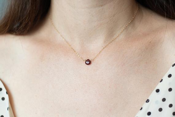 Genuine Garnet Necklace, Dainty Gemstone Necklace, January Birthstone, Gold Garnet Necklace, Tiny Garnet Pendant, Red Garnet Necklace