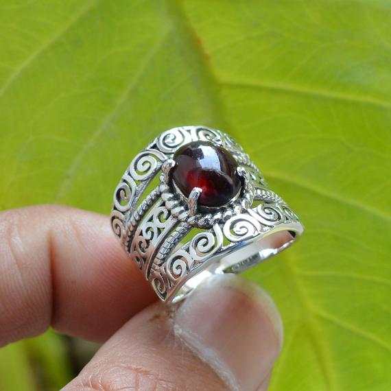 Natural Garnet Ring, Oxidized Ring, 925 Silver Rings, Bohemian Jewelry, Artisan Rings, Red Garnet Ring, Gemstone Ring, Garnet Silver Jewelry