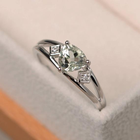 Natural Green Amethyst Ring, Anniversary Ring, Trillion Cut Green Gemstone, Sterling Silver Ring