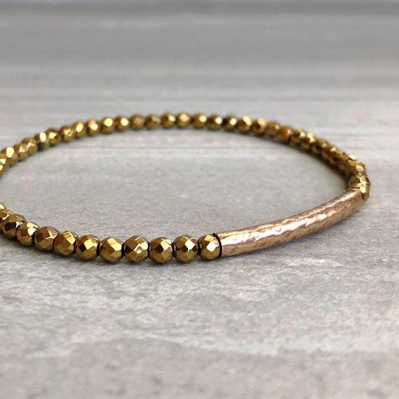 Gold Bead Stretch Bracelet | Faceted Hematite Jewelry | Tiny Crystal Stone Gold Bar Bracelet | Stacking Stretchy Bracelet