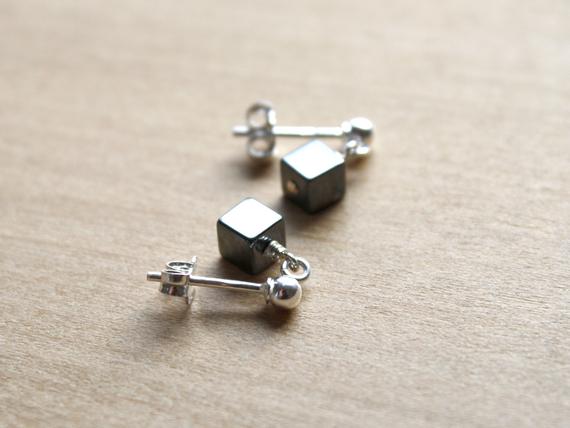 Hematite Stud Earrings . Anxiety Earrings . Cube Stud Earrings In Sterling Silver