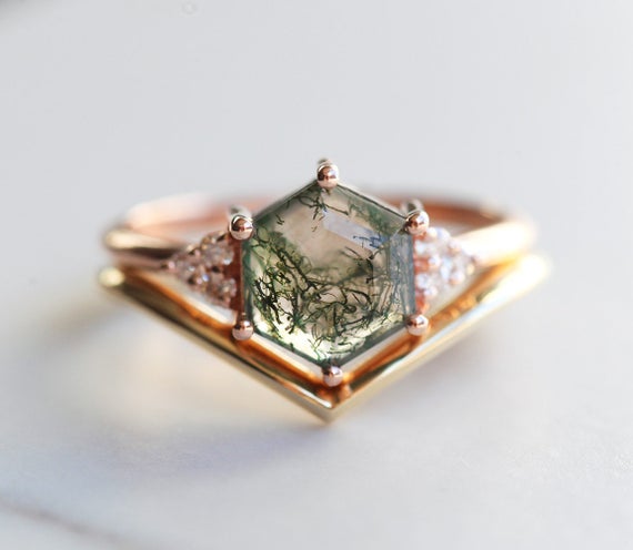 Moss Agate Engagement Ring Set, Geometric Hexagon Ring, Chevron Wedding Band, Side Diamond Set