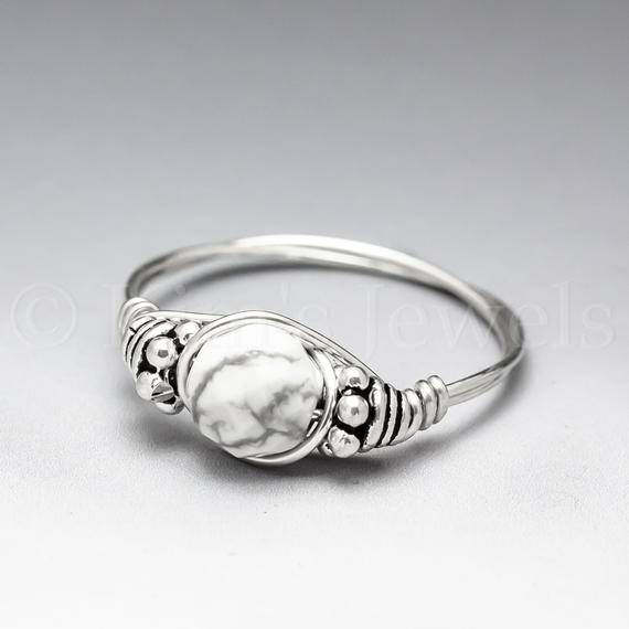White Howlite Faceted Bali Sterling Silver Wire Wrapped Gemstone Bead Ring - Made To Order, Ships Fast!