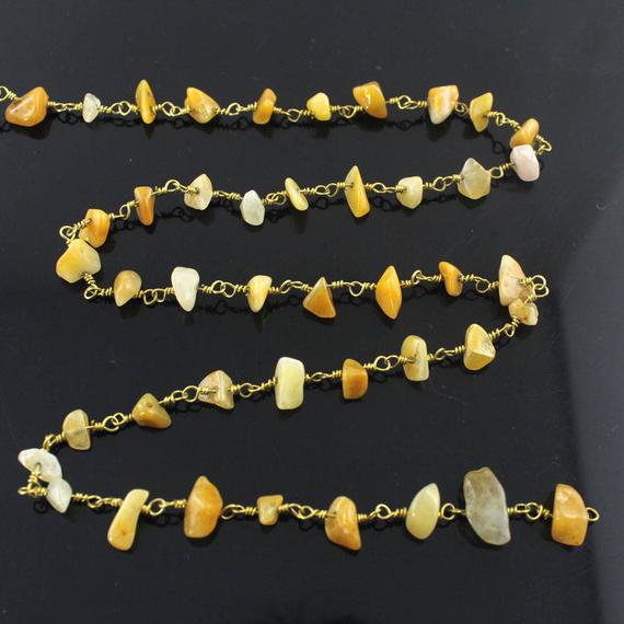 10 Feet High Quality Natural Yellow Jade  Beaded Wire Wrapped Chain, Unfinished Gold Plated Rosary Chains, Bulk Chains,jewelry Making--cn010