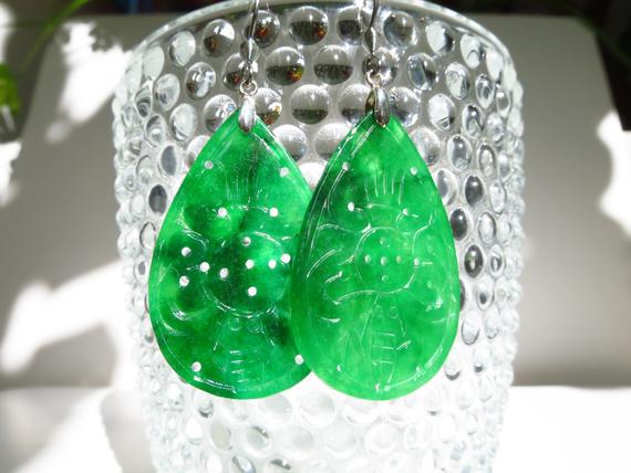Fantastic Earrings Hand-engraved Jade With Intense Green Color Ear Hooks Stainless Steel Bails 925 Sterling Silver Both Sides Carved