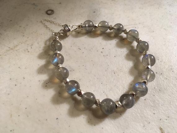 Labradorite Bracelet - Sterling Silver Jewelry - Gray Gemstone Jewellery - Safety Chain