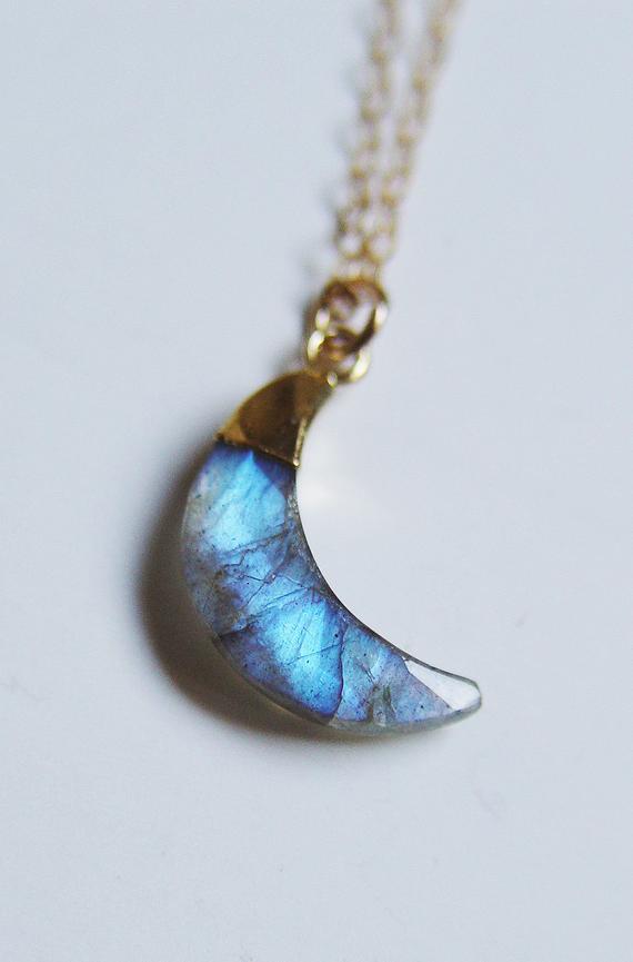 Labradorite Gold Moon Necklace. Crescent Labradorite Charm Necklace