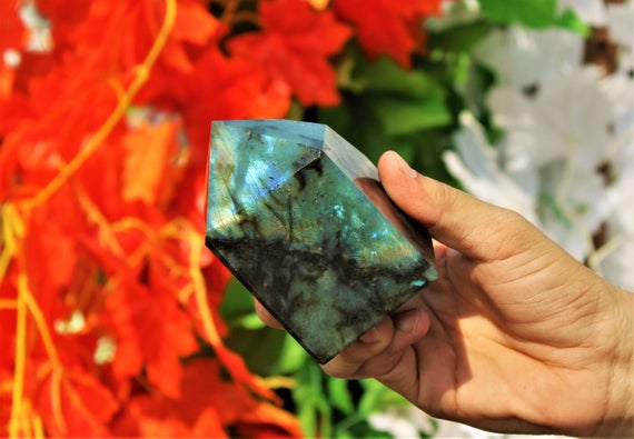 Natural Blue Labradorite Spiritual Obelisk - Small 4 Faceted Unshaped Crystal For Metaphysical Healing & Energy Balancing Meditation Gift