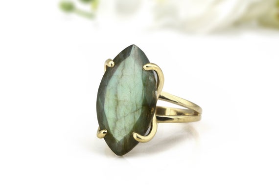 Labradorite Ring · Long Marquise Ring · Gemstone Ring · Prong Cocktail Ring · 14k Gold Ring · Solid Gold Ring · Double Band Ring