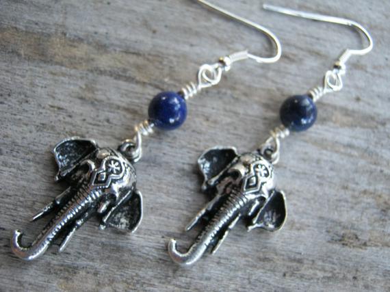 Elephant Earrings, Lapis Lazuli Earrings, India Hindu Jewelry, Buddhist Earrings, Boho Earrings, Yoga, Blue & Antiqued Silver