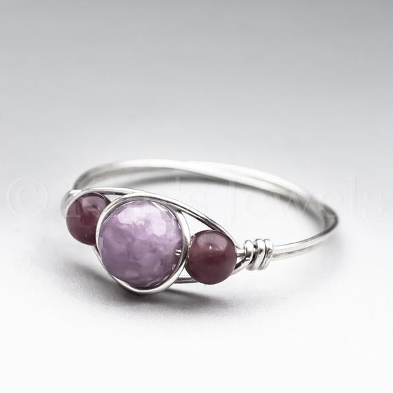 Light Lepidolite Faceted & Dark Lepidolite Sterling Silver Wire Wrapped Gemstone Bead Ring - Made To Order, Ships Fast!