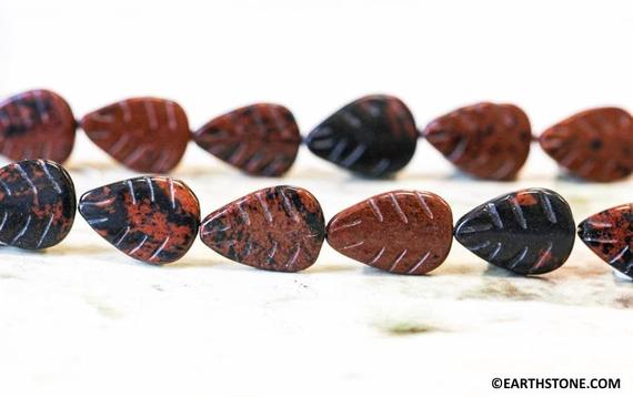 L/ Mahogany Obsidian 15x20mm Flat Leaf Beads 15.5" Long Brown Color Gemstone Carved Flat Leaf Shape For Earring, Charms, Jewelry Making