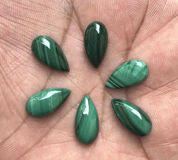 6 Pieces Lot, 8x16mm, Green Malachite Loose Cabochons, Malachite Loose Gemstone, Malachite Teardrop Shape Stone, Gemstone For Jewelry