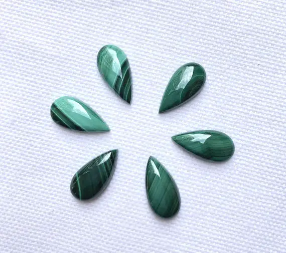 Malachite Loose Gemstone, Green Malachite Cabochons, Malachite Teardrop Shape Cabochon, Gemstone For Jewelry Making, 6 Pieces Lot, 8x16mm