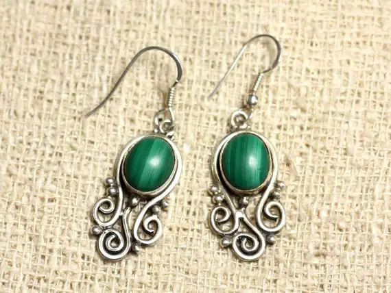 Bo203 - Boucles Oreilles Argent 925 Et Pierre - Arabesques 27mm Malachite