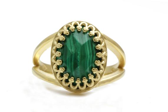 Unique Oval Cut Ring · Malachite Ring · Crown Ring · Solitaire Ring · Gold Ring · Yellow Gold Ring · Solid Gold Ring · 14k Rings For Women