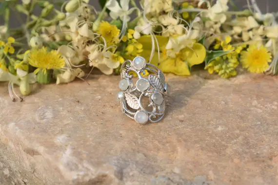 Natural Moonstone Ring, Handmade Ring, Designer Ring, Round Stone Ring, Artisan Ring, 925 Sterling Silver, Boho, Christmas Gift, Statement