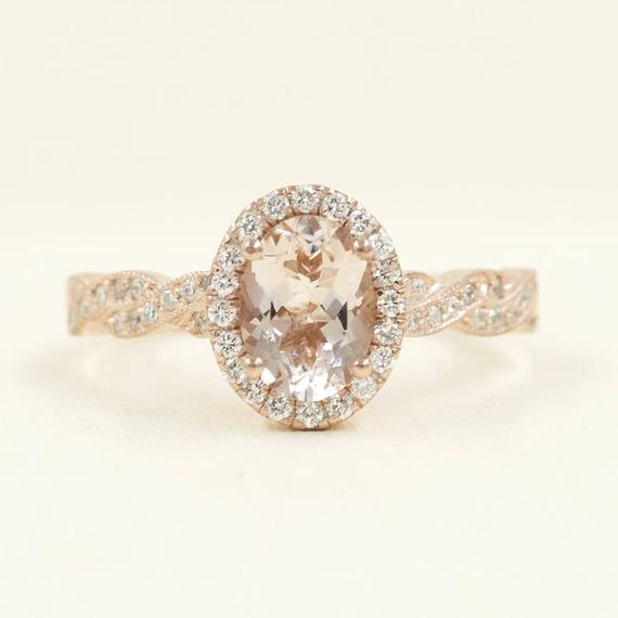14k Oval Morganite Diamond Twisted Wedding Ring / Diamond Twisted Band / Morganite Engagement Ring / Bridal Ring / Rose Gold / Promise Ring