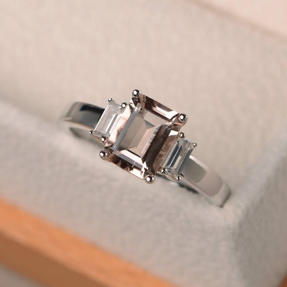 Engagement Ring, Natural Pink Morganite, Emerald Cut Pink Gemstone, Three Stones Ring, Sterling Silver Ring