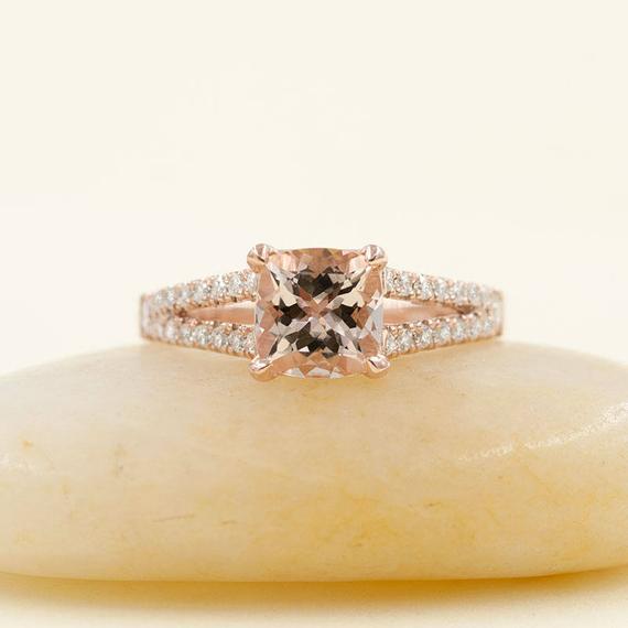 14k 1.5ct Cushion Morganite Diamond Engagement Ring / Diamond Wedding Ring / Morganite Bridal Ring / Rose Gold / Anniversary Ring