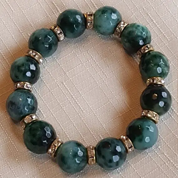 Moss Agate Beaded Bracelet With Diamante Rondelle Accent Beads