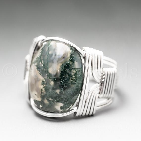 Moss Agate Sterling Silver Wire Wrapped Gemstone Cabochon Ring - Optional Oxidation/antiquing - Made To Order, Ships Fast!